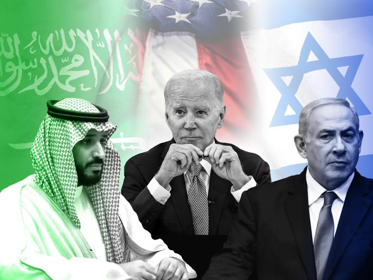 Saudi crown prince Muhammad bin Salman, President Biden, Israeli prime minister Binyamin Netanyahu (with backdrop of national flags)