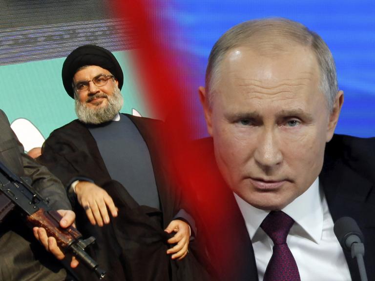 Photo illustration depicting Hezbollah leader Hassan Nasrallah and Russian president Vladimir Putin - Washington Institute illustration, original images from Reuters