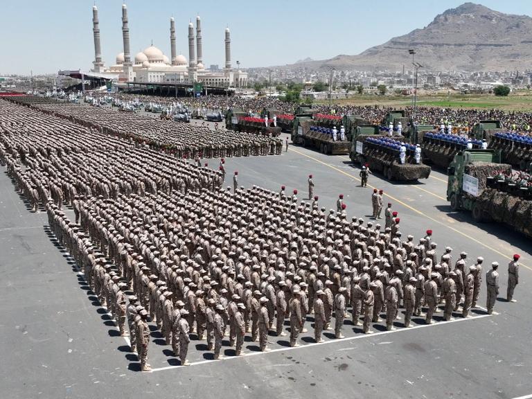 Houthi fighters parade with their missile systems in Sanaa in September 2023 - source: Reuters