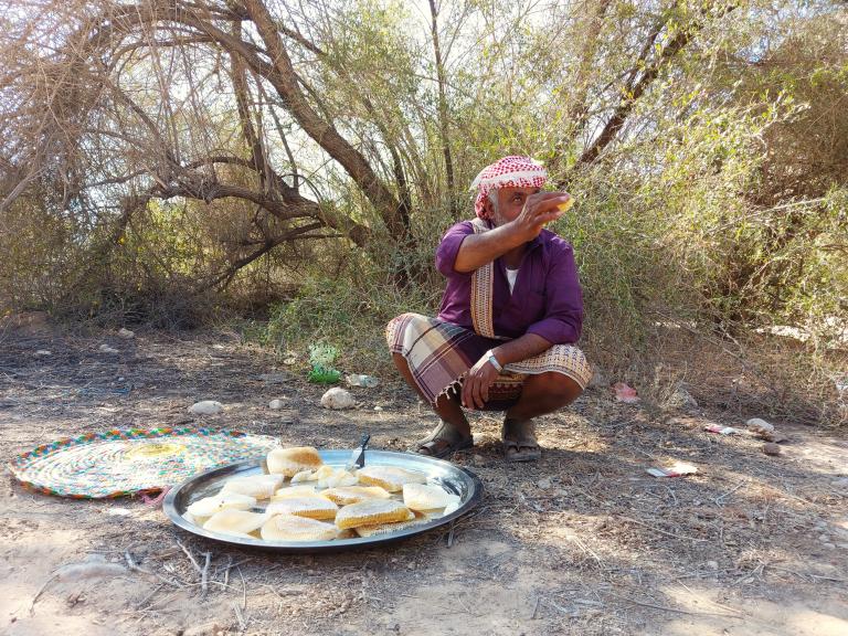 A beekeeper harvests honeycombs and holds part of them in his hand in Hadhramaut, Yemen