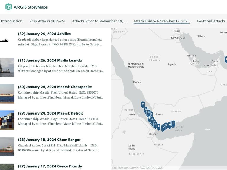Screenshot excerpt of a StoryMap covering maritime attacks in the Middle East.