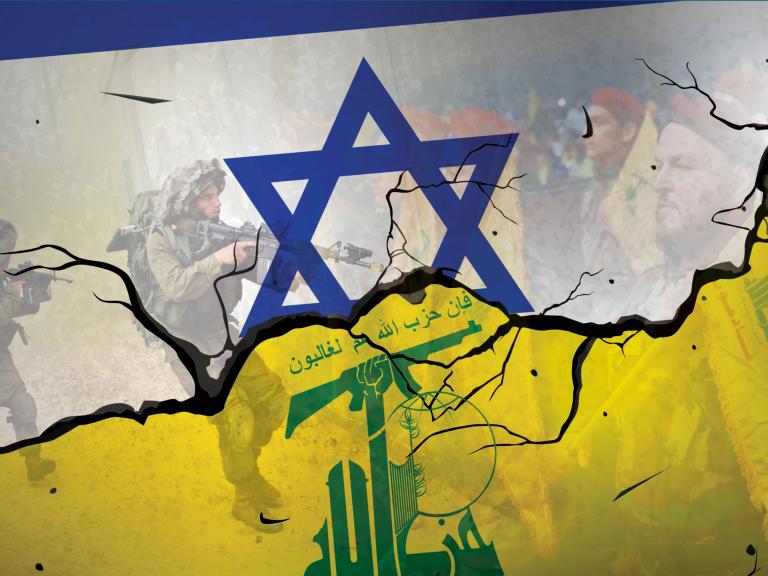 Israeli flag, Hezbollah flag, implied Lebanon border