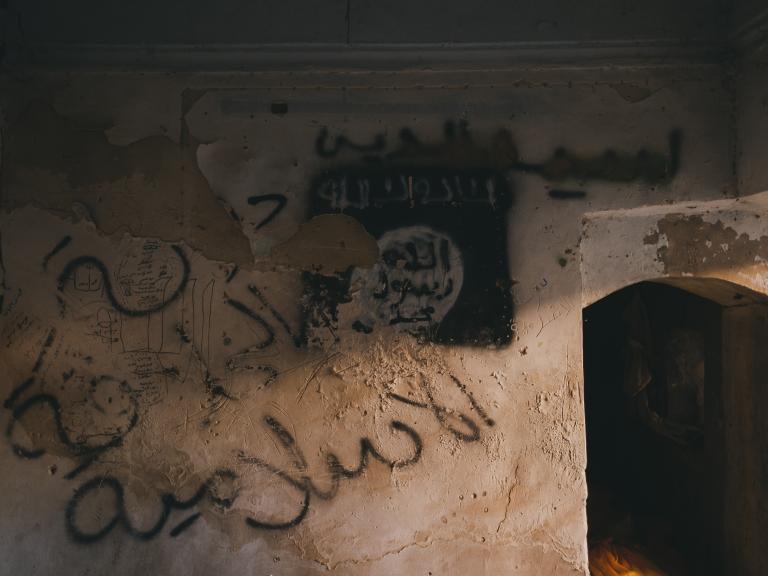 Graffiti on a villa that was used as IS base, Sinjar old city