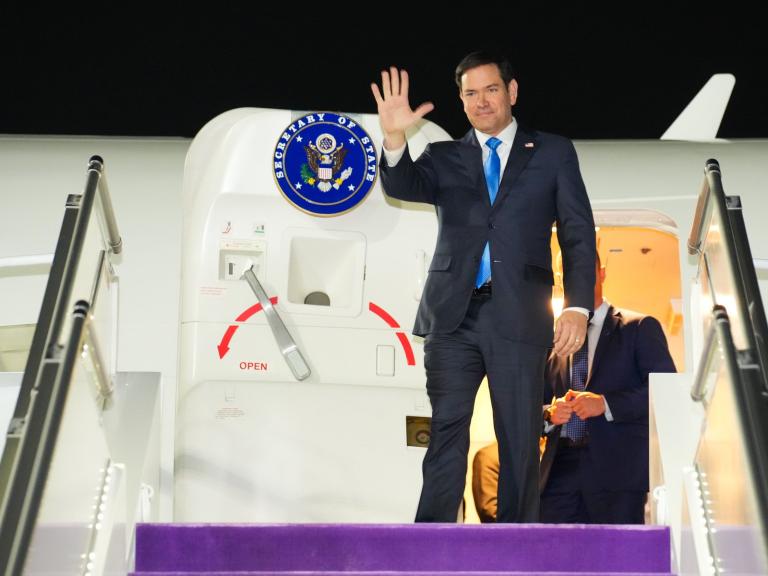 U.S. Secretary of State Marco Rubio waves from the steps of his official plan in Riyadh, Saudi Arabia - source: Department of State