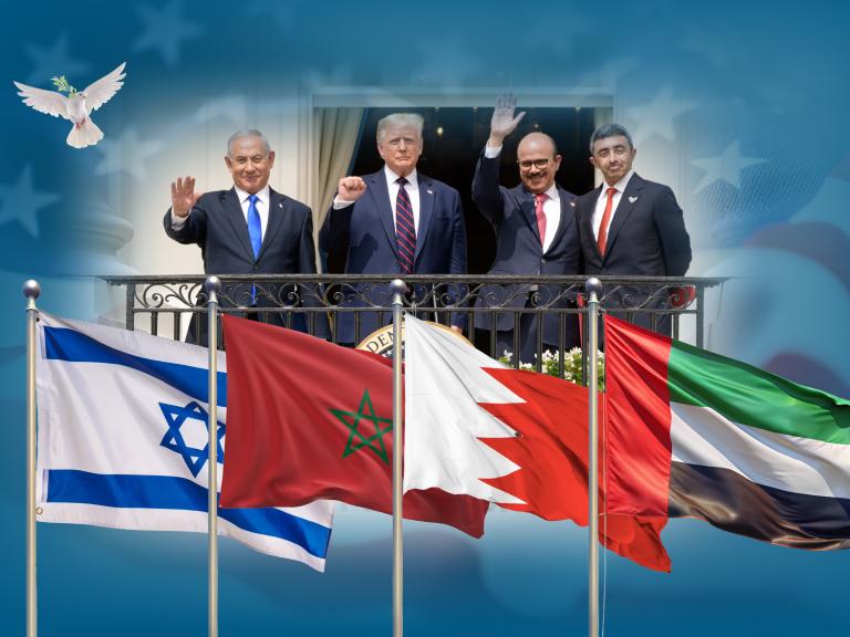 Netanyahu, Trump, and Foreign Ministers Zayani (Bahrain) and Abdullah bin Zayed (UAE) at the Abraham Accords ceremony, Sep 15, 2020.