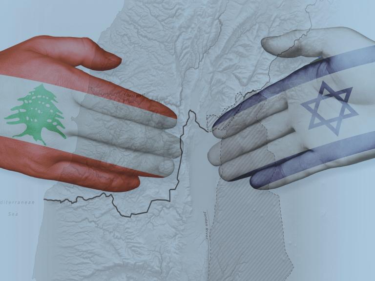 Flags of Israel and Lebanon painted on hands outstretched to each other, overlaying map of Israel-Lebanon border and beyond. 