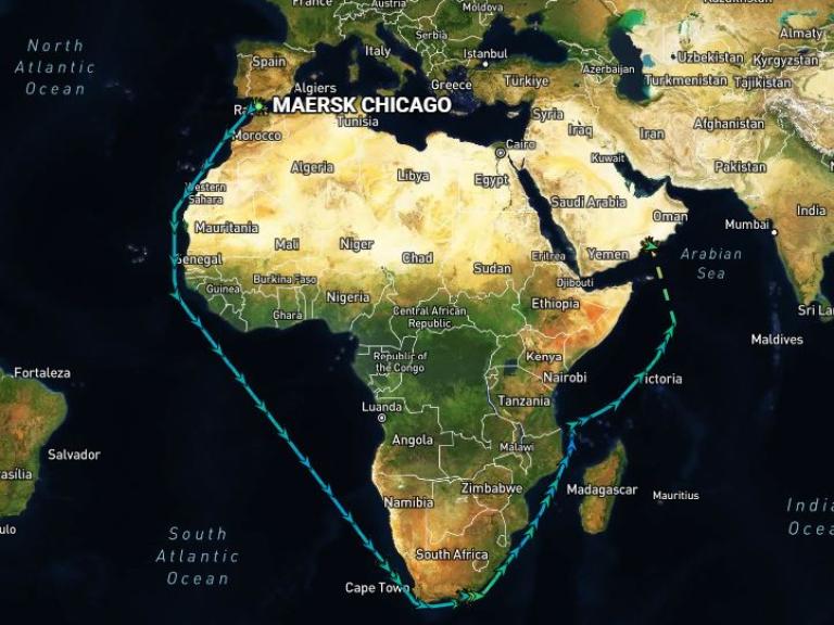 Image showing a route taken by the ship Maersk Chicago.