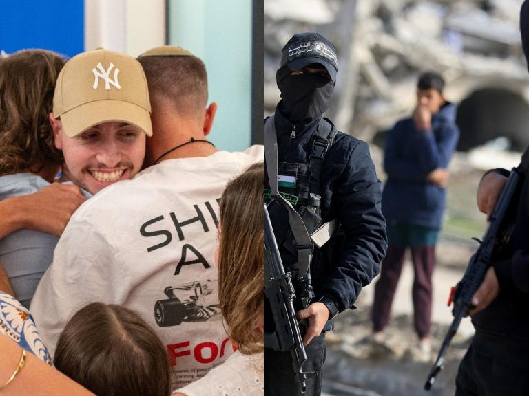 Split screen: (left) Israeli hostage Eitan Abraham Mor after his release by Hamas on October 13, 2025; right: a Hamas militant outside of Gaza City in December.