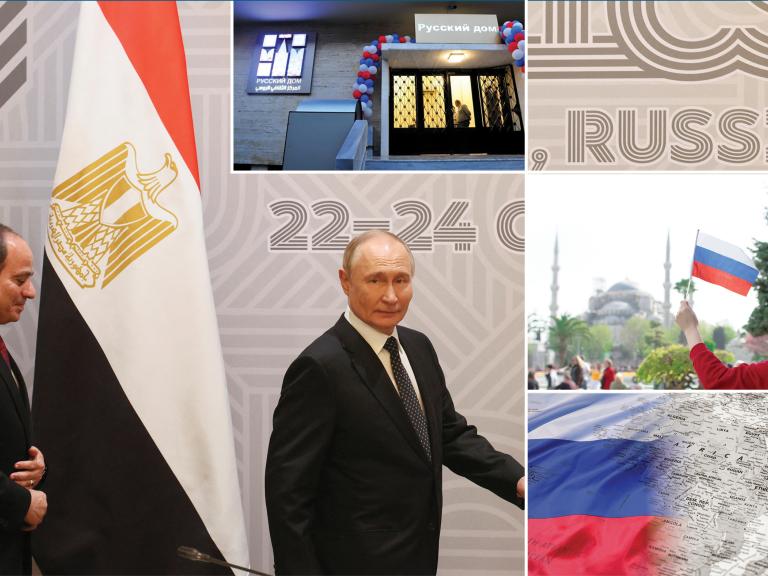 Montage: Presidents Sisi (Egypt) and Putin (Russia) at the 2024 BRICS summit; a woman holds a Russian flag in Istanbul; a Russia House cultural center in Syria; a map image superimposing Russian flag over Africa/Middle East.