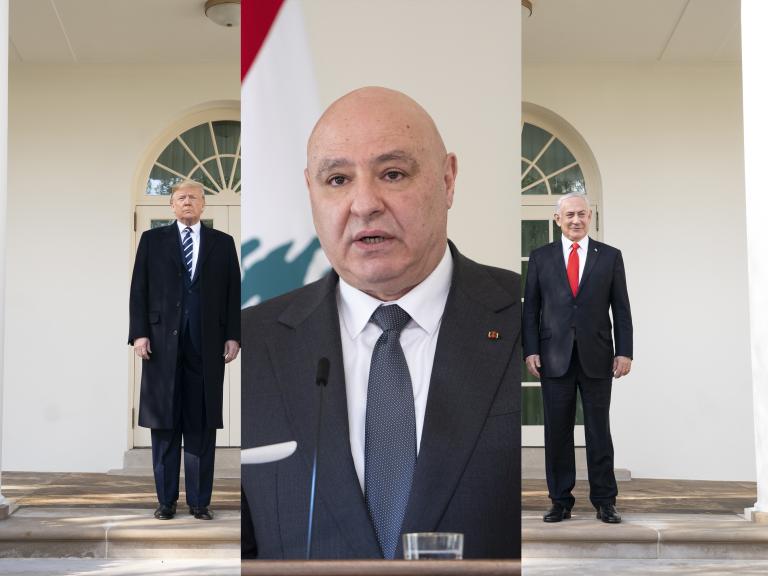 A photo illustration shownig President Donald Trump, Lebanese President Joseph Aoun, and Israeli Prime Minister Binyamin Netanyahu - source: White House, Reuters, illustration by The Washington Institute