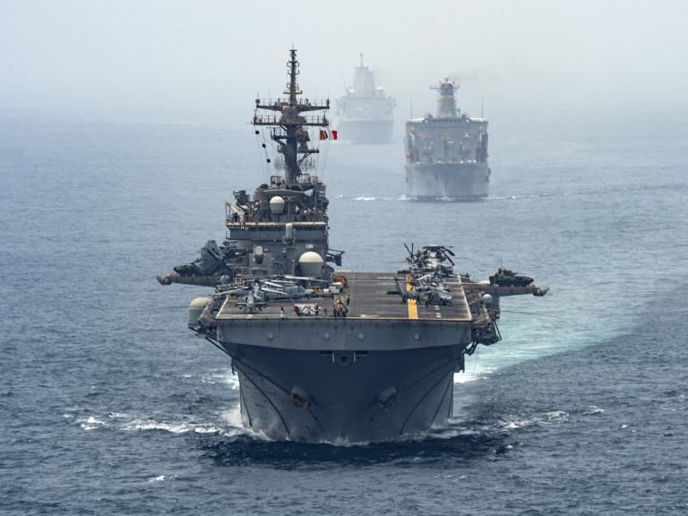 USS Boxer leads U.S. Navy ships transiting the Strait of Hormuz - source: Department of Defense