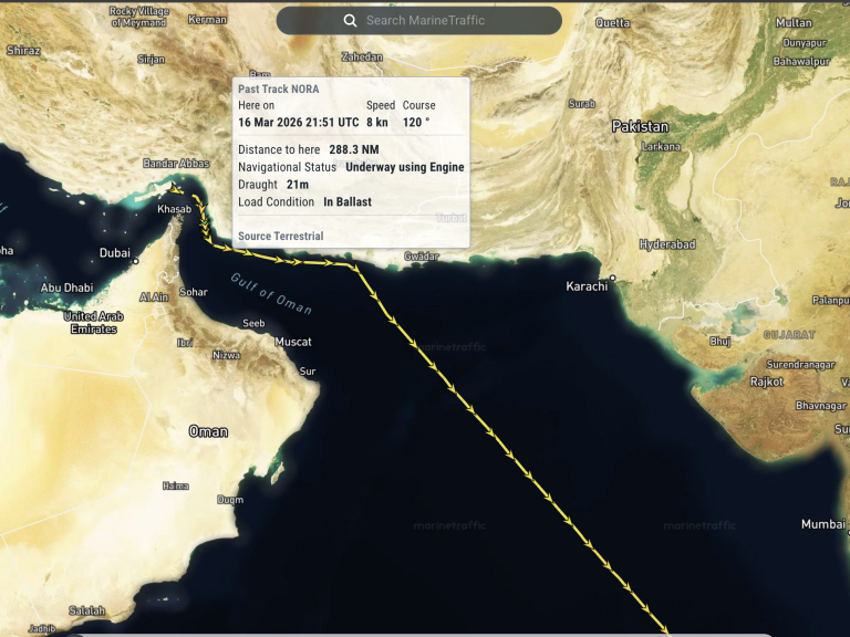Tracking map for the oil tanker Nora.