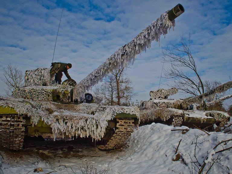 Photo of frozen Russian tanks in Ukraine.