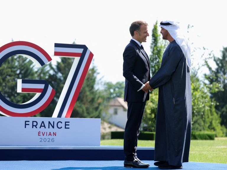 France's President Macron greets the UAE's President Mohamed bin Zayed at the 2026 G-7 summit - source: Reuters