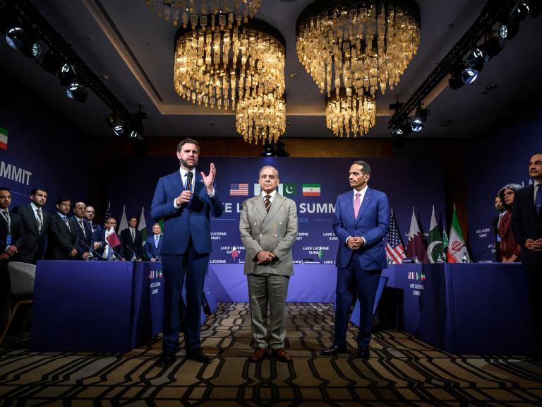 U.S. Vice President JD Vance speaks next to Pakistan's Prime Minister Shehbaz Sharif and Qatar's Prime Minister Sheikh Mohammed bin Abdulrahman bin Jassim Al-Thani at the start of a quadrilateral meeting between the United States, Iran, Pakistan and Qatar at the Burgenstock luxury hotel complex overlooking Lake Lucerne, Switzerland - source: Reuters