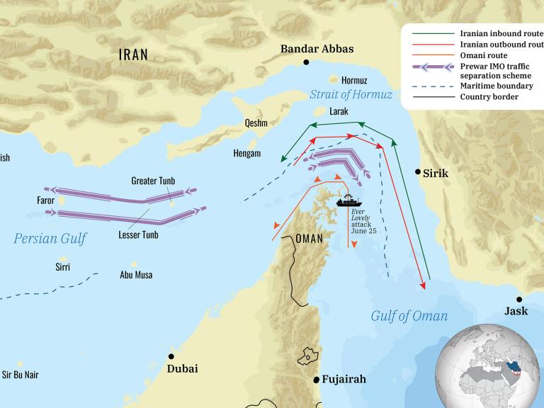 Screenshot of a map showing shipping routes through the Strait of Hormuz.
