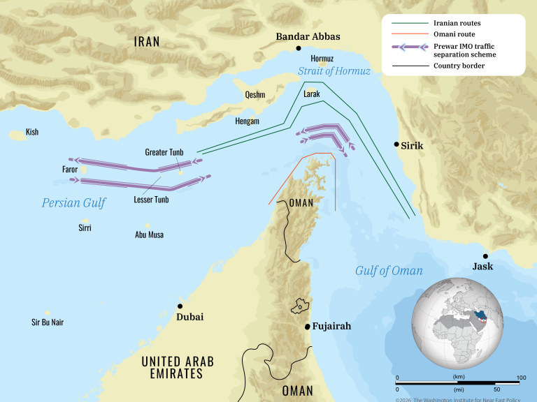 Map showing Iranian, Omani, and international shipping routes in the Strait of Hormuz.