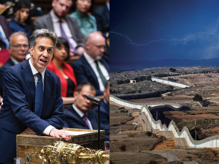 At left, UK Foreign Secretary Ed Miliband addresses Parliament on September 8; at right, a stormy sky looms over the West Bank separation fence.