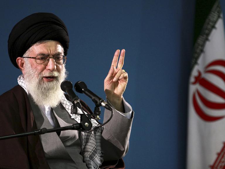Iran's supreme leader, Ayatollah Ali Khamanei, gestures while speaking
