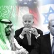 Saudi crown prince Muhammad bin Salman, President Biden, Israeli prime minister Binyamin Netanyahu (with backdrop of national flags)