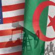 U.S. flag and Algerian flag; silhouettes of oil rig, migrant families