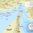 Map showing Iranian, Omani, and international shipping routes in the Strait of Hormuz.