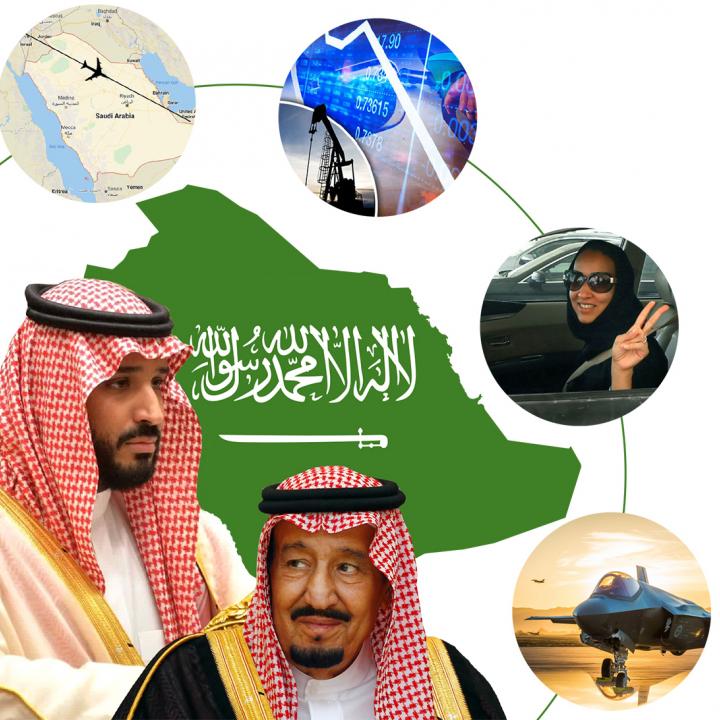 MbS, King Salman, Saudi map, fighter jet