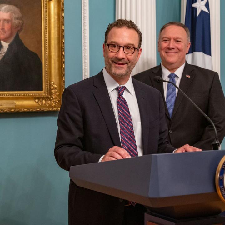 Assistant secretary of state David Schenker speaks at the Department of State in Washington, DC, alongside secretary of state Mike Pompeo