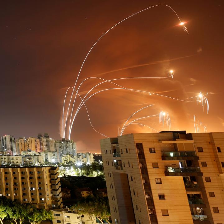 Iron Dome rockets intercepting Hamas missiles over Tel Aviv