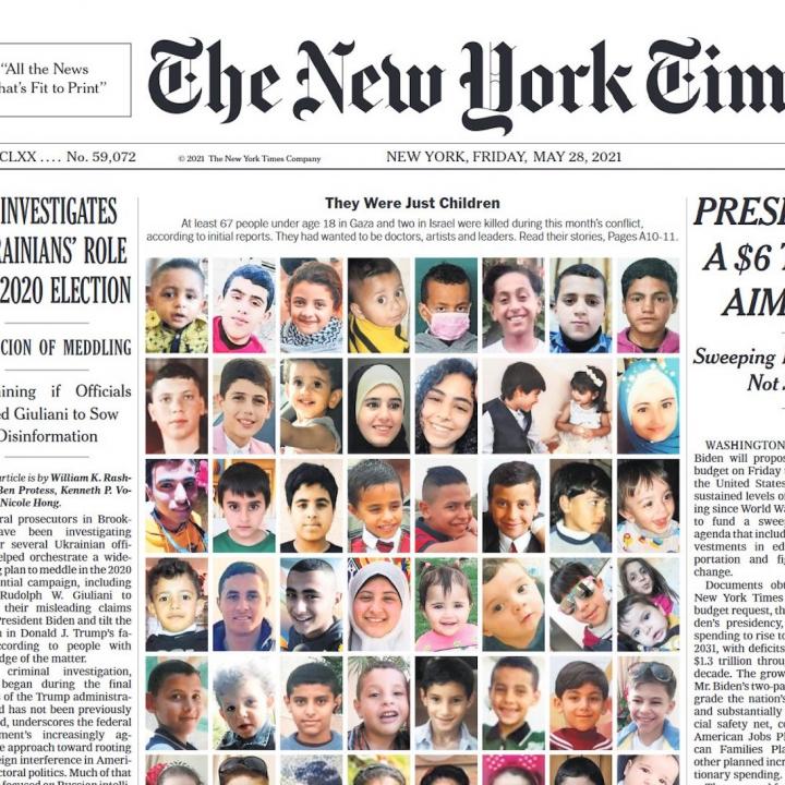 New York Times front page depicting Palestinian casualties of the 2021 Gaza conflict