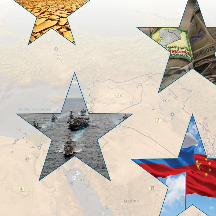 Stars: cracked earth climate change, U.S. military insignia, tankers, drone