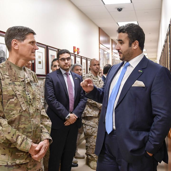 Saudi Arabia's Prince Khalid bin Salman meets with U.S. military officials in 2018.