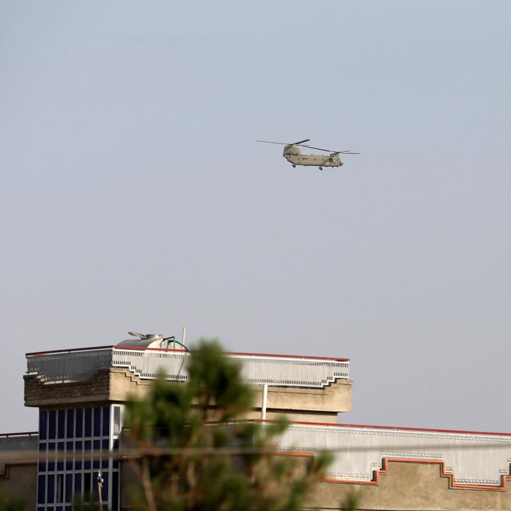 A U.S. military helicopter evacuates personnel from the American embassy in Kabul, Afghanistan