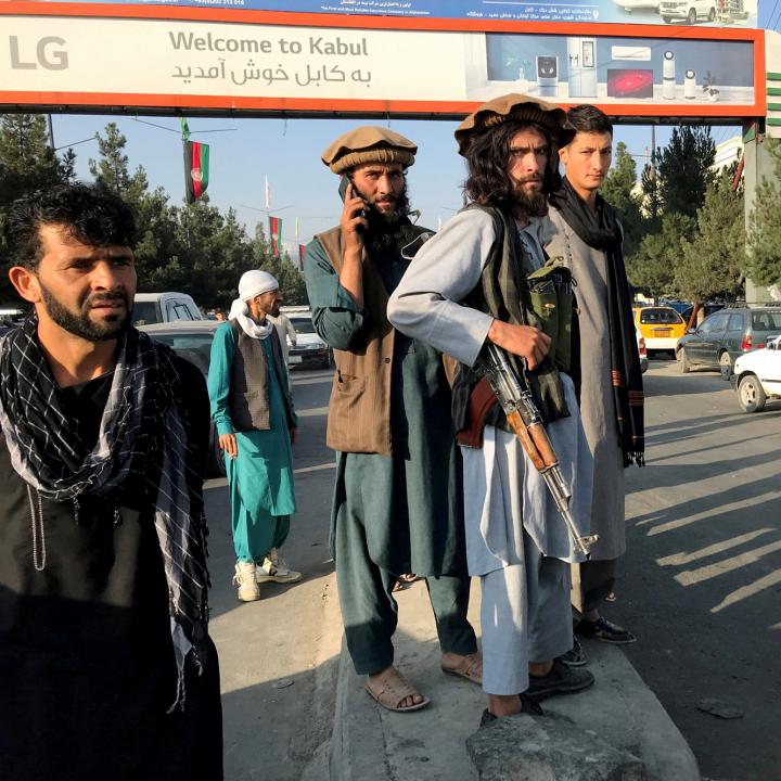Photo showing Taliban fighters outside Kabul Airport, August 2021.