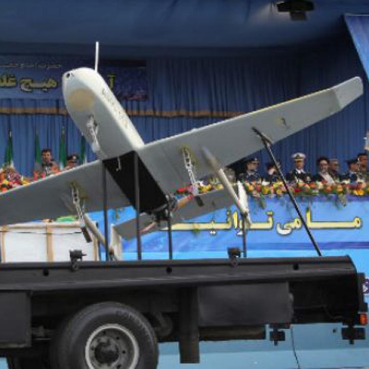 Photo of a Shahed drone in an Iranian military parade near imagery of Supreme Leader Khamenei..