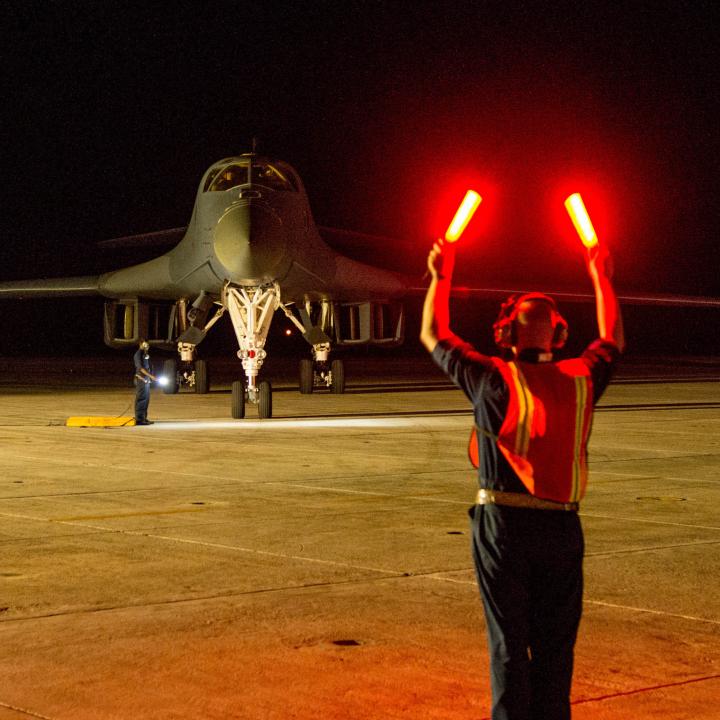 USAF ground crew directs a B-1 Lancer bomber