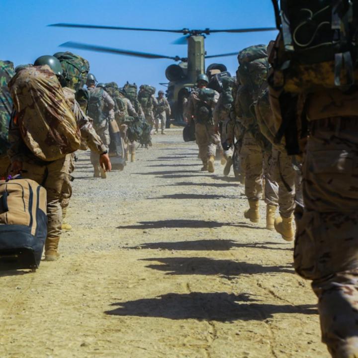 US Army troops board transport helicopters