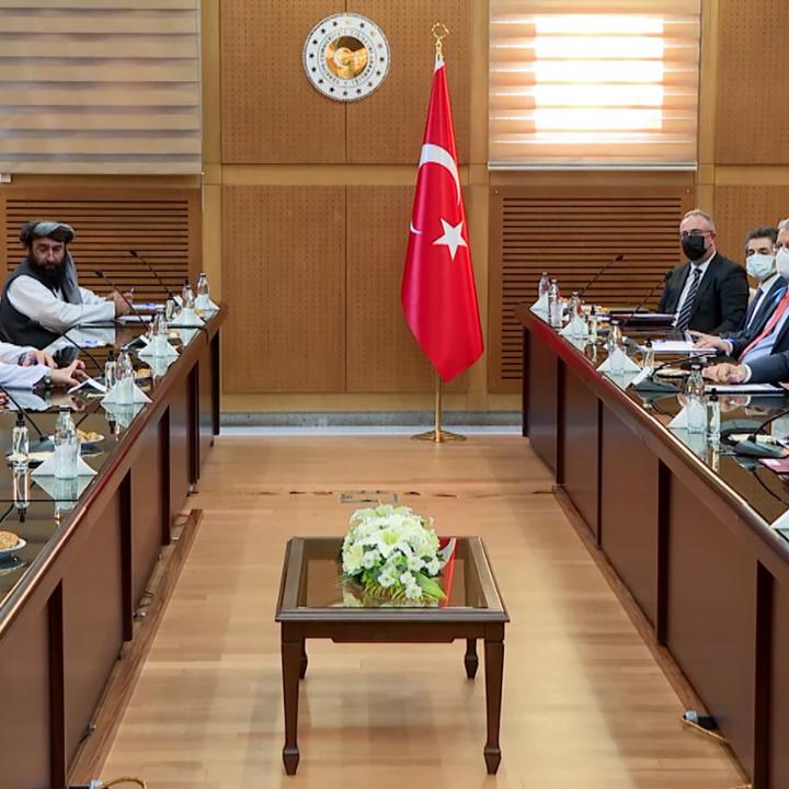 Photo of Turkish and Taliban officials meeting in Ankara, October 2021.