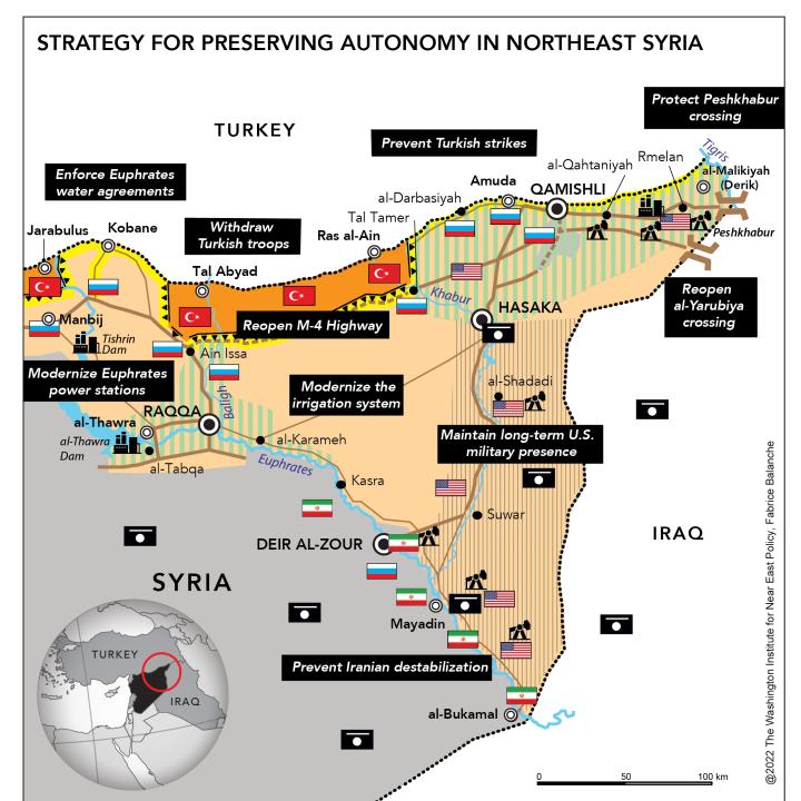 Map illustrating strategies for preserving autonomy in northeast Syria.