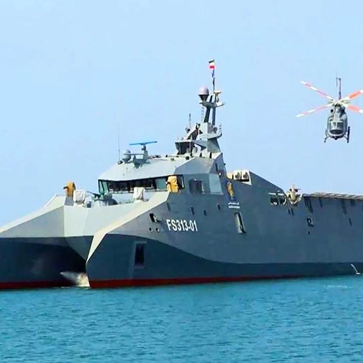 The Iranian catamaran missile corvette Shahid Soleimani on its launch in 2022