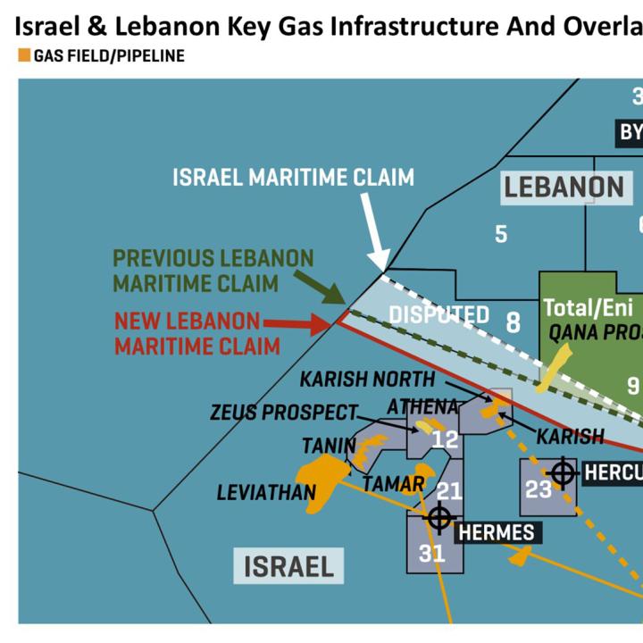 MEES map showing Israeli and Lebanese maritime border claims in the East Mediterranean.
