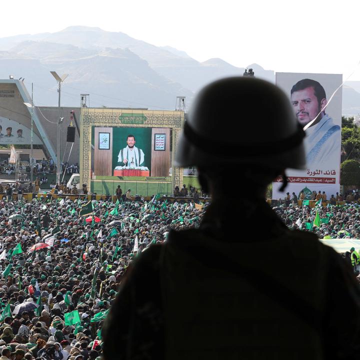 Houthi leader Abdul-Malik Badruddin al-Houthi addresses a rally in Sanaa, Yemen - source: Reuters