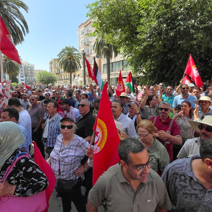 Tunisian demonstrators outside the general union building (UGTT), June 2022