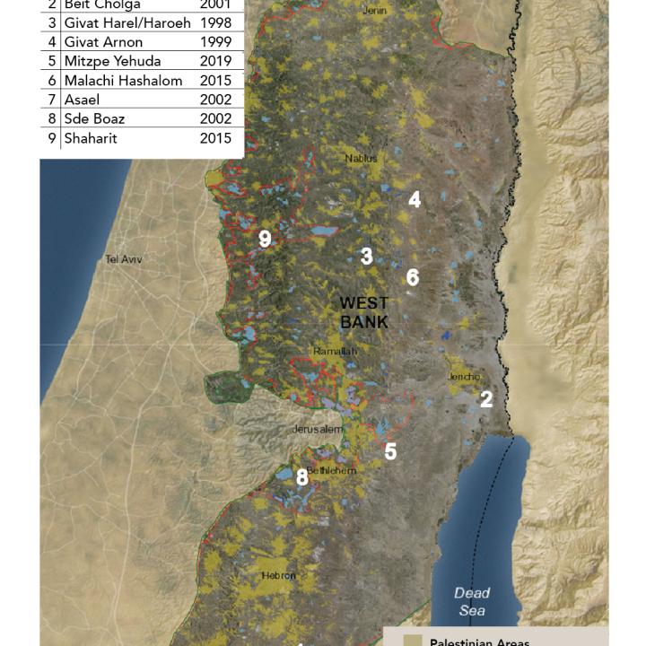 Map showing Israeli outposts approved in Feb. 2023.