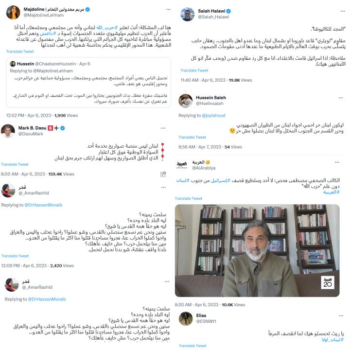 Twitter posts from Lebanese users commenting on Hamas rocket strikes launched from Lebanon on Israel - source: Twitter