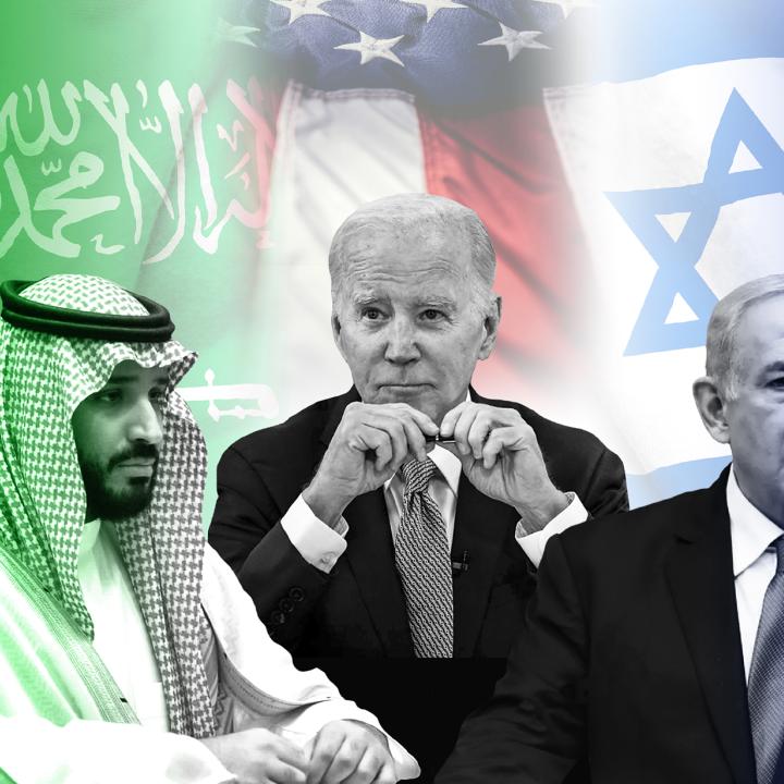 Saudi crown prince Muhammad bin Salman, President Biden, Israeli prime minister Binyamin Netanyahu (with backdrop of national flags)