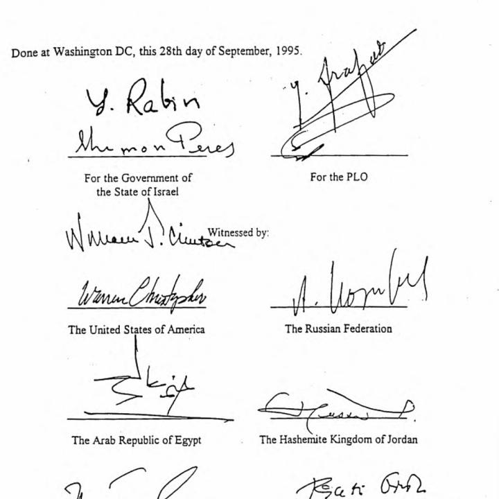 Signature page of the Oslo II Accords agreement - source: U.S. Government