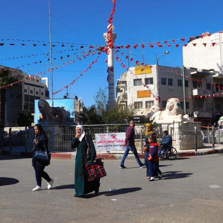 Pedestrians near Manara Circle, downtown Ramallah