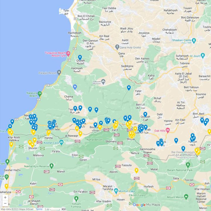 Thumbnail image of Google Map depicting Israeli and Hezbollah strikes across the Israel-Lebanon border since October 7, 2023