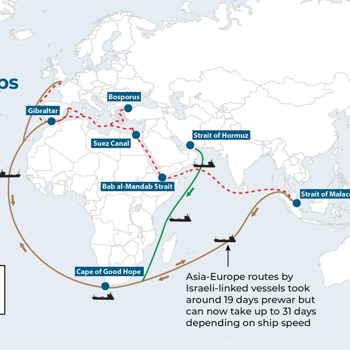 Map showing alternate shipping routes caused by the Gaza war.